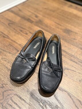 Prada Black Pebbled Leather Bow-Front Loafers